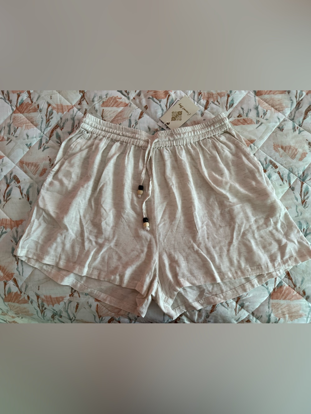 Crescent Light Cream Elastic Waist Drawstring Shorts